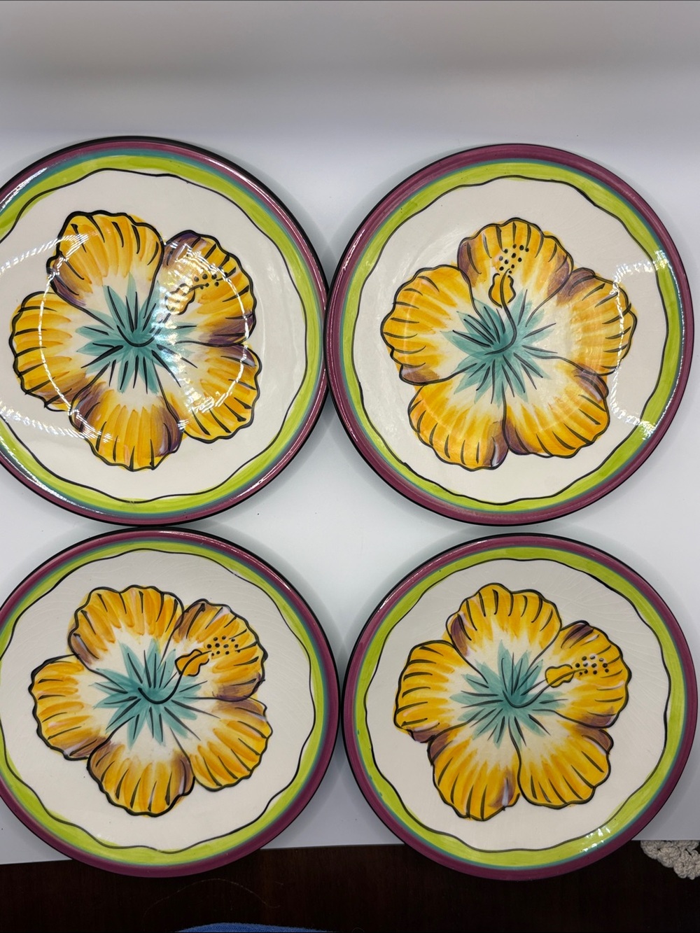 Bright Yellow Floral Ceramic Dinner Plates - Set of 4. Clay Art